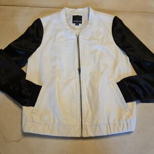 Trouvé From NORDSTROM White LEATHER Bomber Jacket with Black SILK Sleeves.🎁